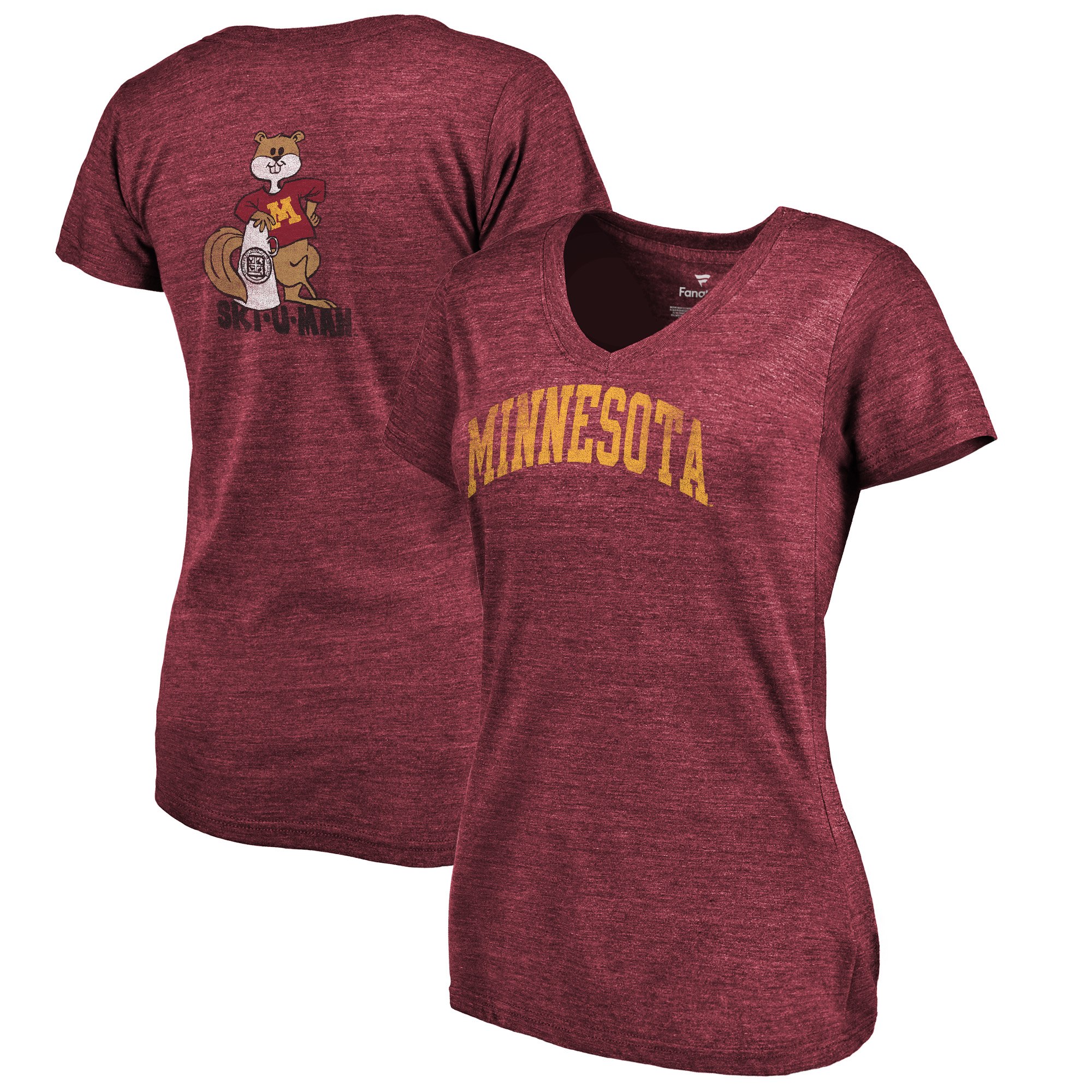 2020 NCAA Fanatics Branded Minnesota Golden Gophers Women Maroon College Vault Two Hit Arch TriBlend VNeck TShirt